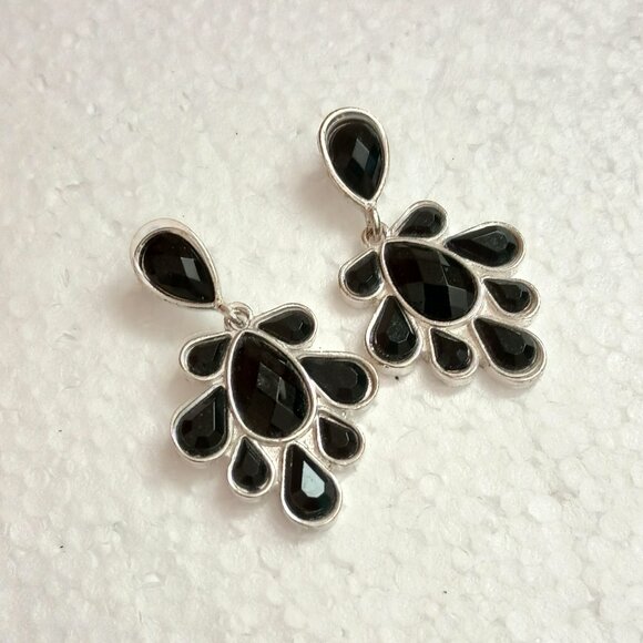 Cascading Teardrop Acrylic Drop Earrings Silver Tone & Black Post/Stud Dangle - Picture 2 of 7